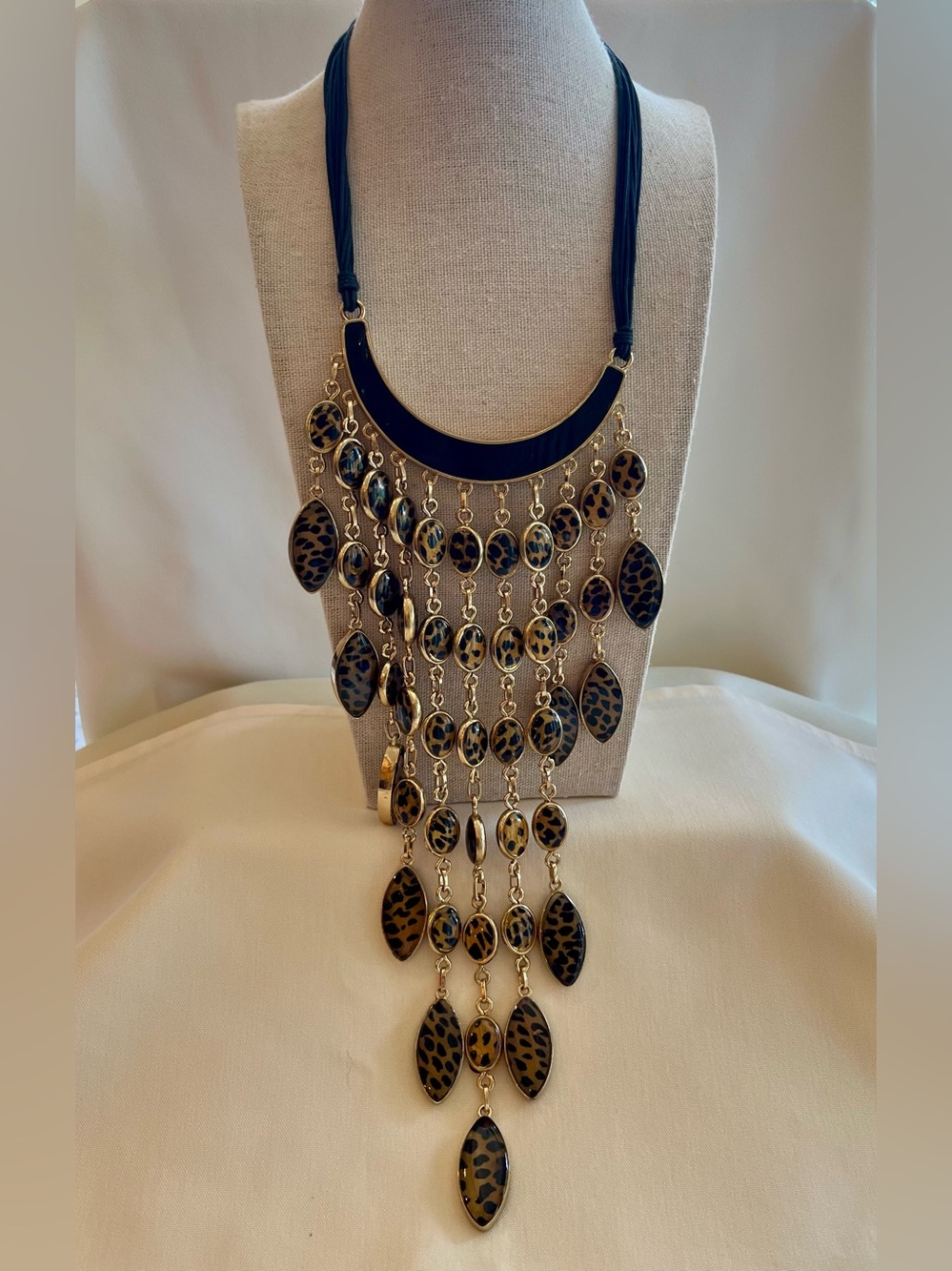 Gold-Tone Leopard Cascade Necklace in Black & Brown